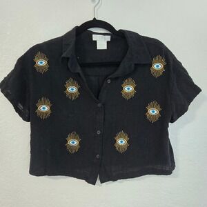 LIFE Womens Black Cotton Gauze Evil Eye Embroidered Cropped Button Down Shirt M